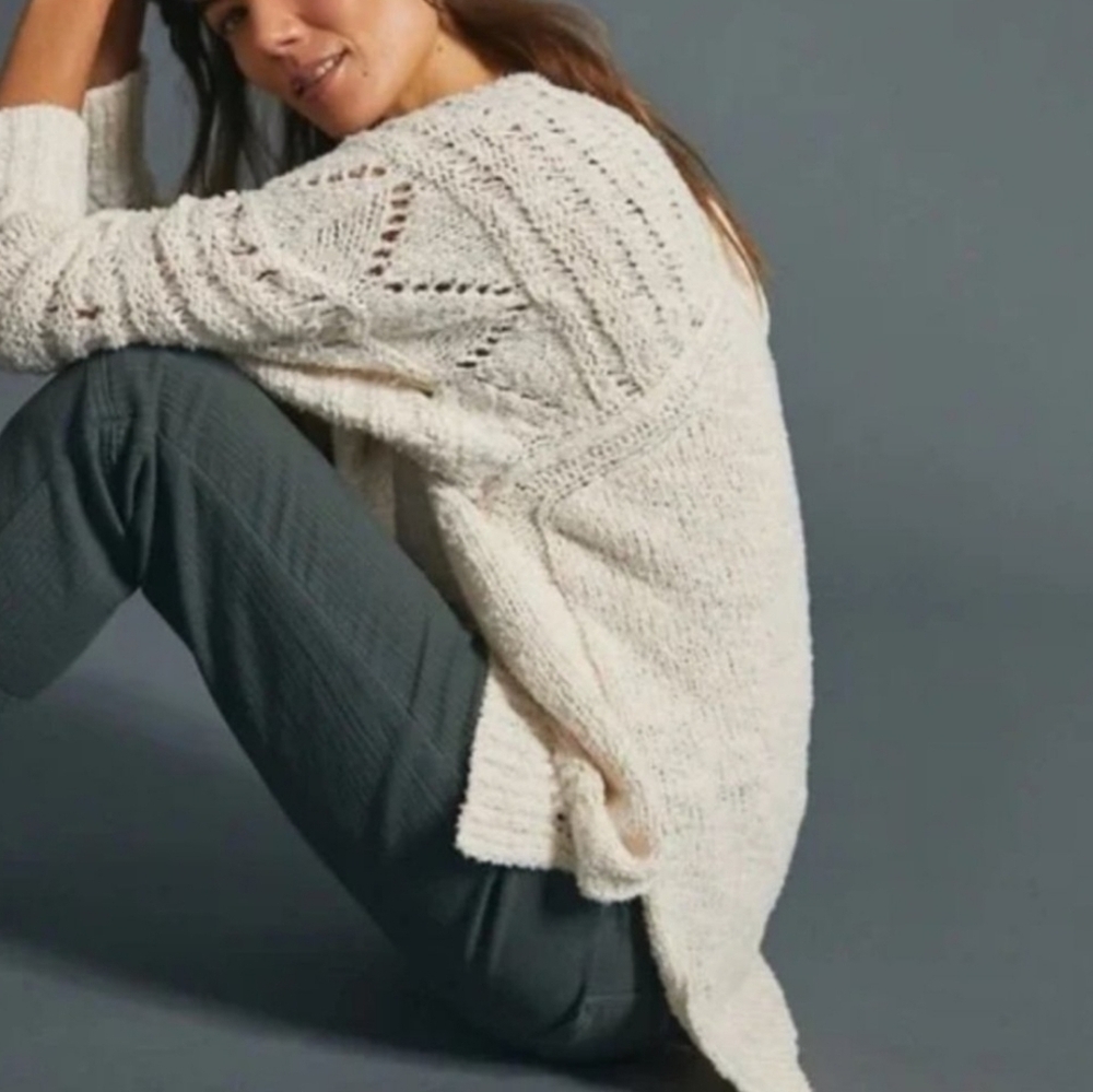 Pilcro x Anthropologie Luna Pointelle Tunic Sweater Ivory XS Boho Open knit